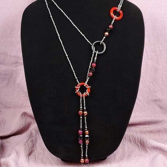 Beaded Lariat Necklace Red and Gray Beaded Choker Necklace Beaded Long Necklace - Picture 2 of 10